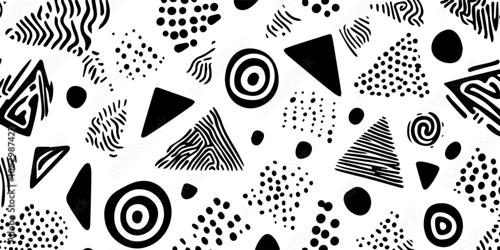 Poster Abstract black and white geometric pattern with various shapes like triangles and circles, ideal for modern design backgrounds..