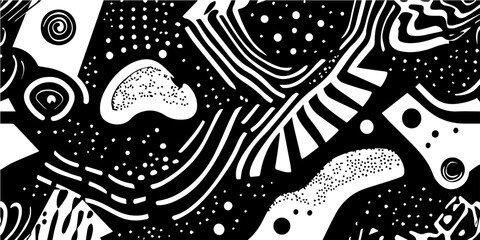 An abstract black and white design featuring various shapes and patterns, perfect for modern graphics and backgrounds..