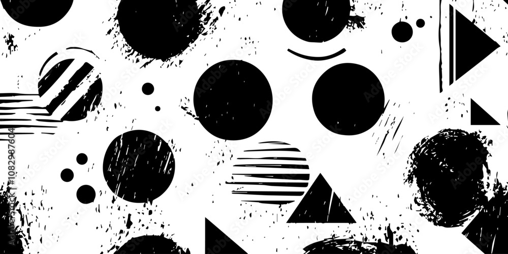 Aufkleber abstract black and white geometric pattern featuring circles, triangles, and various textured shapes