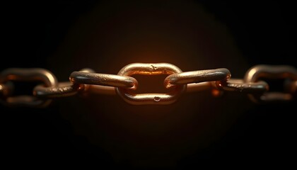 Obraz premium close-up of a single, shiny metal chain link, highlighting intricate details of its surface texture, isolated on a deep black background create with ai