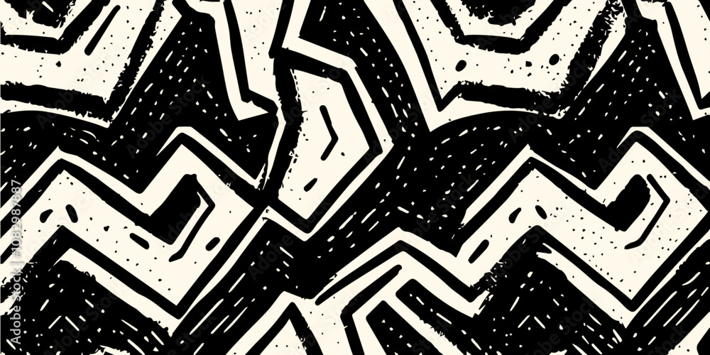 Poster an abstract black and white geometric pattern featuring zigzag lines and random textures, perfect fo