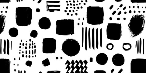 An abstract black and white pattern featuring various brush strokes and shapes, perfect for backgrounds and modern designs..