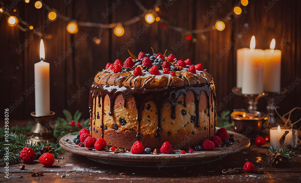 Poster cake with chocolate drizzle and raspberries on top