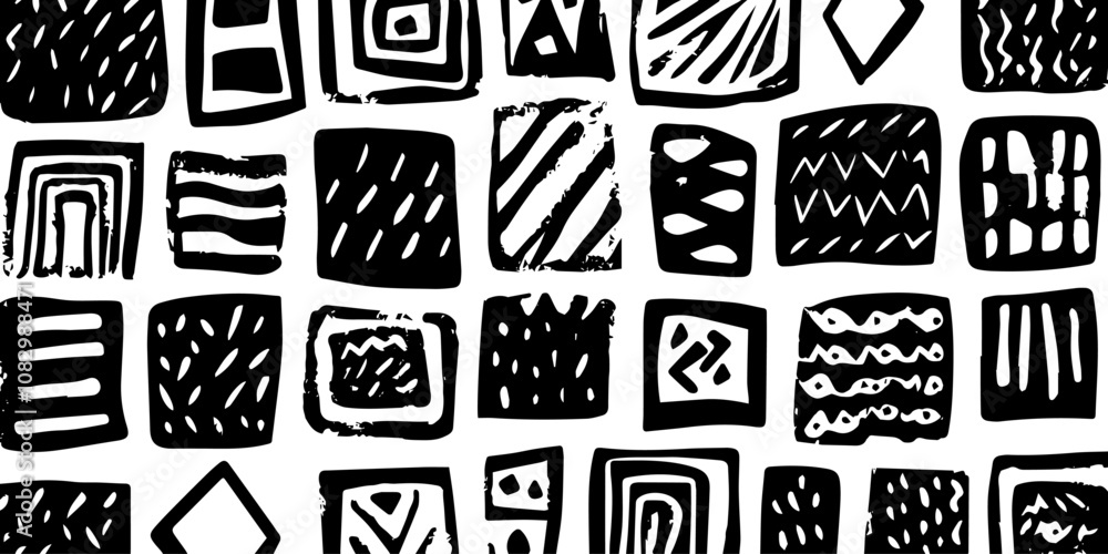 Poster abstract black and white geometric pattern featuring various shapes and textures, ideal for modern d