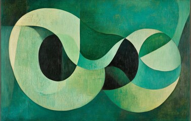 Abstract emerald green and white retro 70s overlapping shapes watercolor concept texture