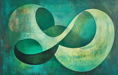 Abstract emerald green and white retro 70s overlapping shapes watercolor concept texture