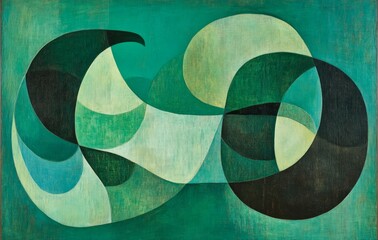 Abstract emerald green and white retro 70s overlapping shapes watercolor concept texture