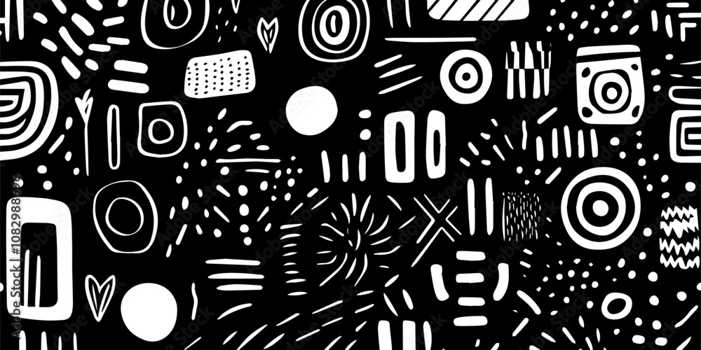 Poster abstract black and white pattern featuring various geometric shapes, lines, and circles creating a m
