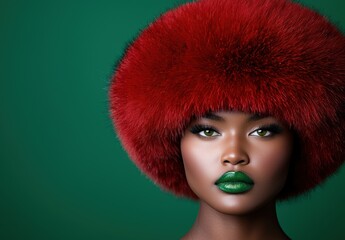 Striking portrait of a woman with vibrant red fur hat and bold green lips