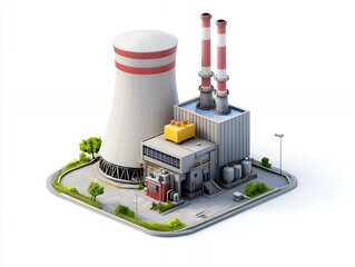 Isometric illustration of a power plant with cooling tower and chimneys.