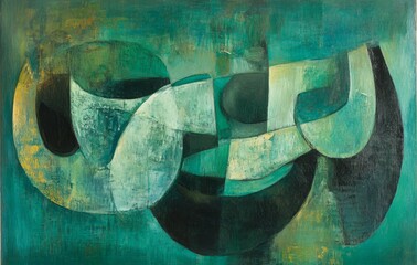 Abstract emerald green and white retro 70s overlapping shapes watercolor concept texture