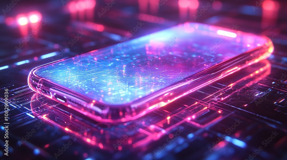 Poster artificial intelligence smartphone with an interface translucent screen, technology futuristic