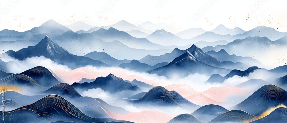 Poster the mountains are covered in a thick layer of clouds, creating a serene and peaceful atmosphere. the
