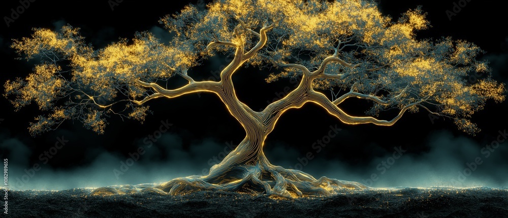 Poster tree with golden leaves is lit up in the dark. the tree is surrounded by a dark background