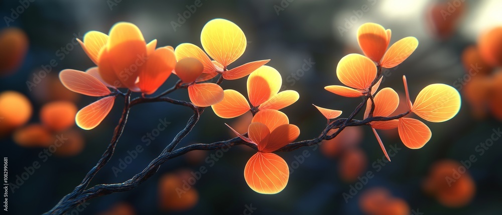 Poster close up of a branch with orange flowers. the flowers are in various stages of bloom, with some full