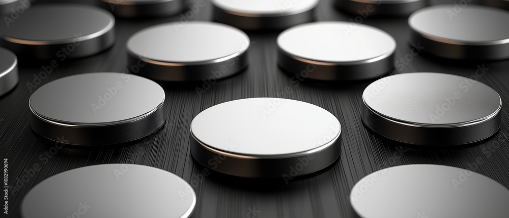 Poster close up of a bunch of silver metal circles. the circles are all the same size and are arranged in a