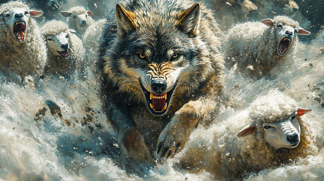 Aggressive wolf attacking sheep herd. AI-generated