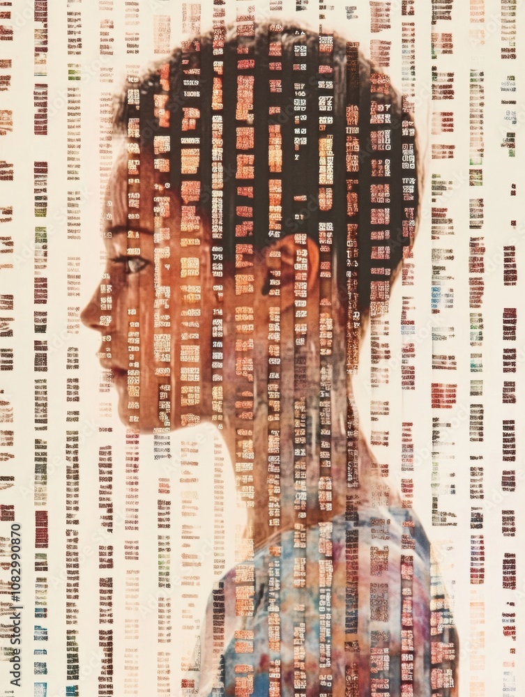 Poster A human profile overlays intricate rows of DNA symbols, illustrating the connection between genetics and identity. Generative AI