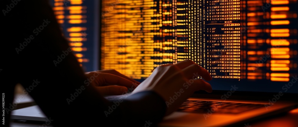 Poster person is typing on a laptop computer with a screen displaying a lot of numbers and letters. concept