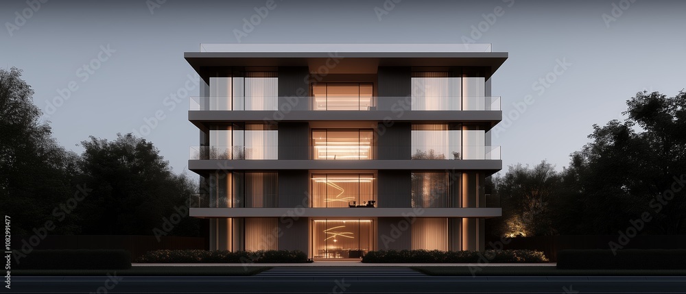 Poster large apartment building with a lot of windows and balconies. the building is tall and has a modern 