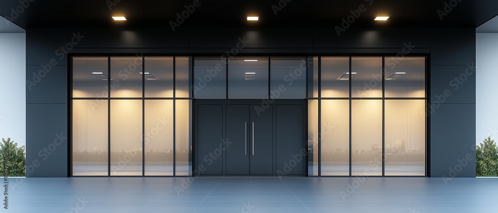 Poster large building with a black door and windows. the windows are mostly clear, but some are frosted. th