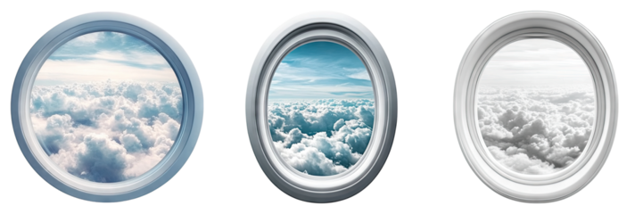 Airplane window looking through the clouds isolated on transparent background, Set of