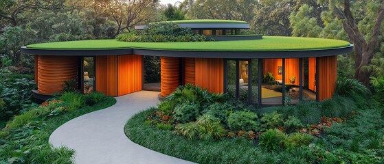 Fototapeta premium House with a green roof and a path leading to it. The house is surrounded by a lush green garden