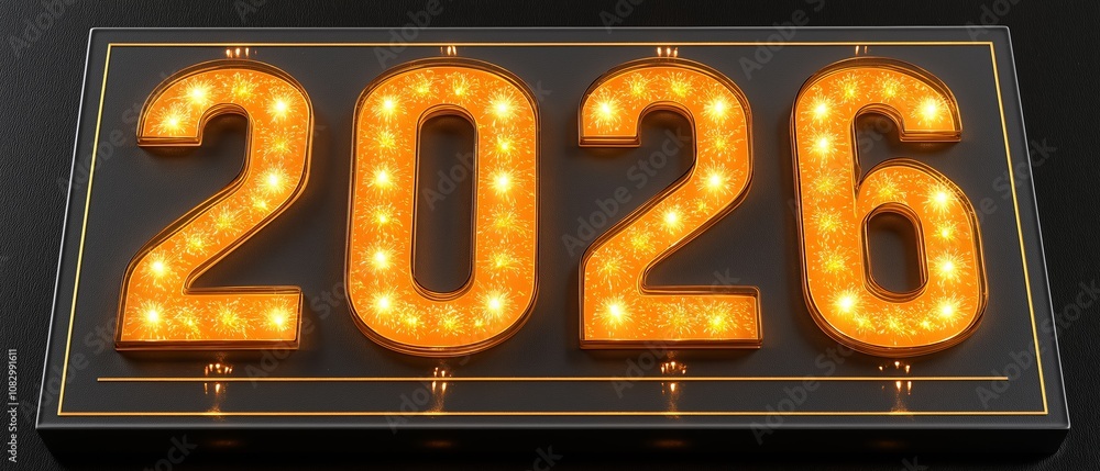 Poster lit up sign with the number twenty-six on it. the sign is lit up with yellow lights and has a black 
