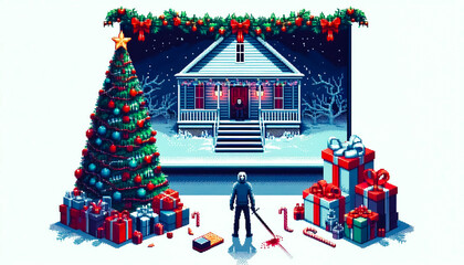 Illustration against light background with space for text, pixel art style 