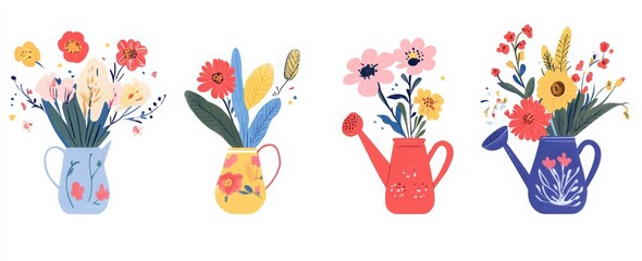 Naklejka premium Flower Basket Day. different vases with spring flowers in them on white background. set of four flower vases with flowers