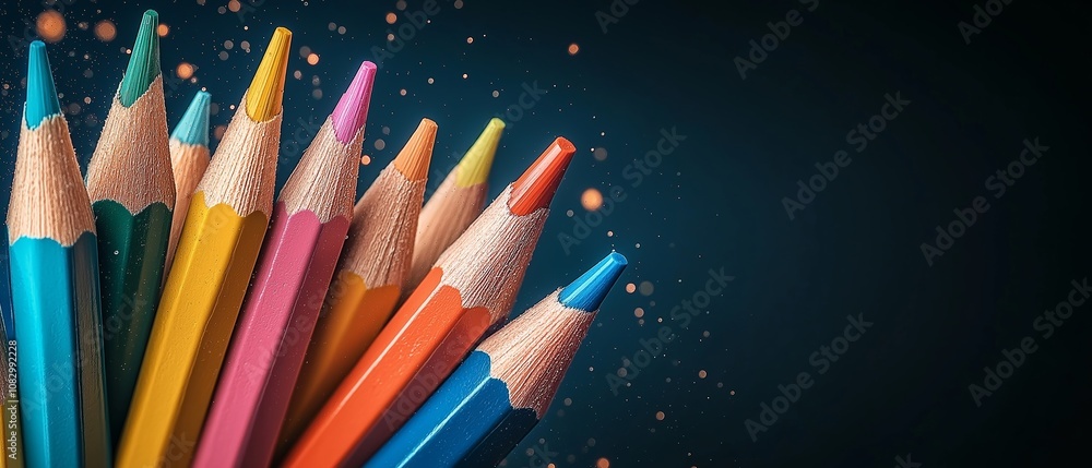Poster Row of colored pencils with a blue one in the middle. The pencils are arranged in a row and are of different colors