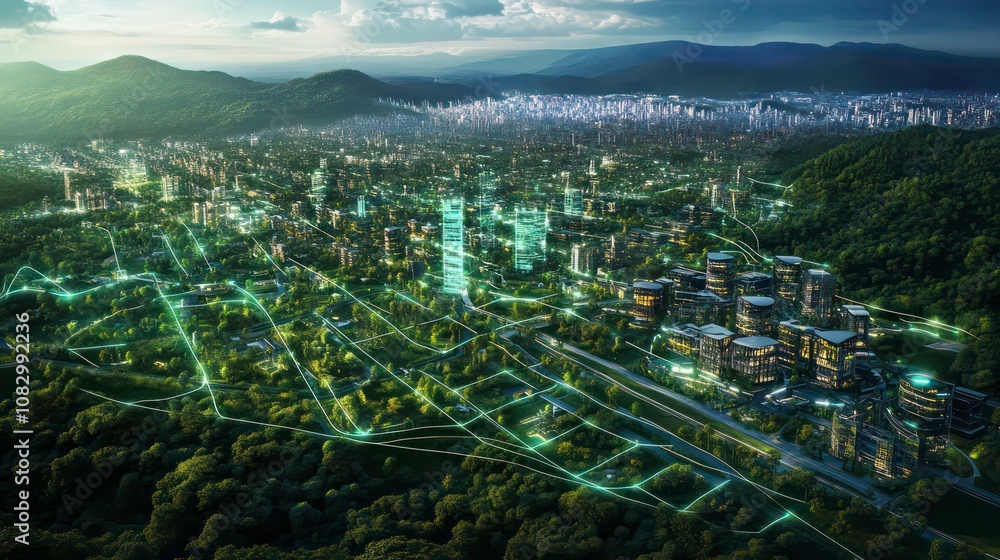 Poster aerial view of a futuristic smart city with glowing lines connecting buildings and infrastructure, s