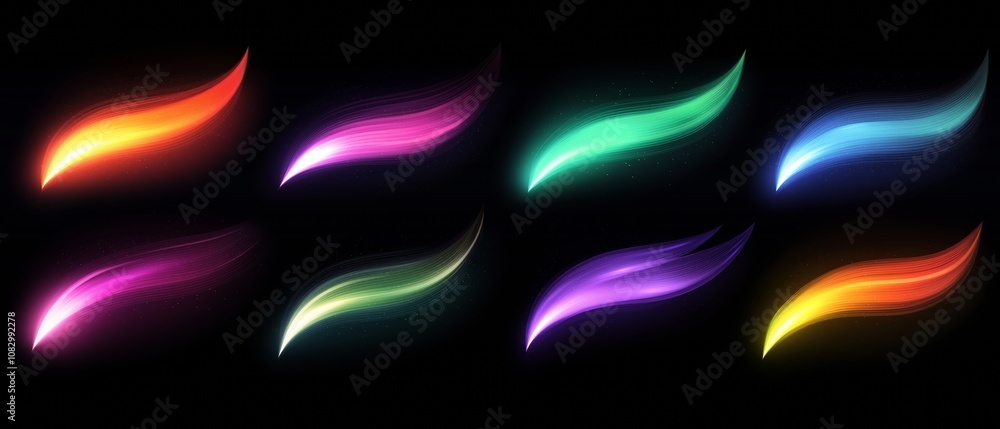 Poster series of colorful brush strokes on a black background. the brush strokes are in various colors and 