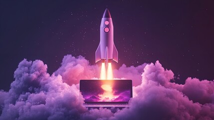 Fototapeta premium A purple and yellow rocket ship taking off against a background of purple smoke and a laptop with a purple and black nebula image on the screen.