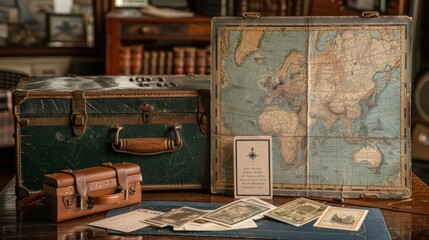 Fototapeta premium Dark green vintage suitcase with antique world map and retro travel postcards