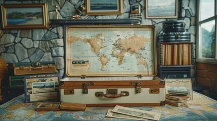 Open vintage suitcase with world map and retro travel brochures in a nostalgic decor