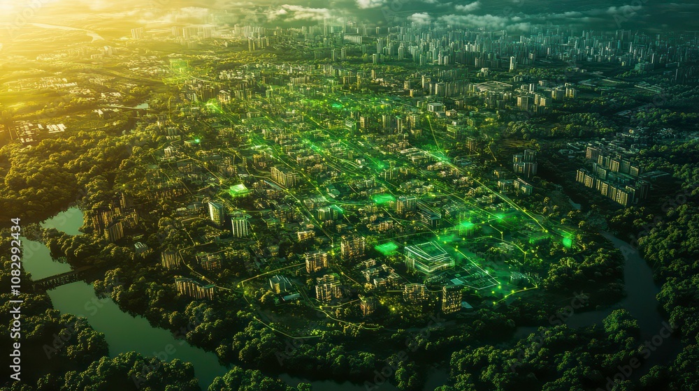 Aufkleber sprawling green community with digital smart city infrastructure and rapid data network. digital cit