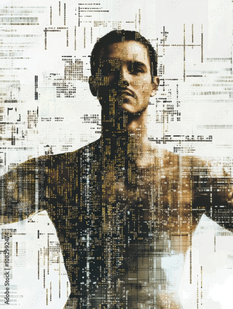 Fototapete A human figure stands prominently as rows of DNA codes overlay, illustrating the connection between genetics and identity. Generative AI