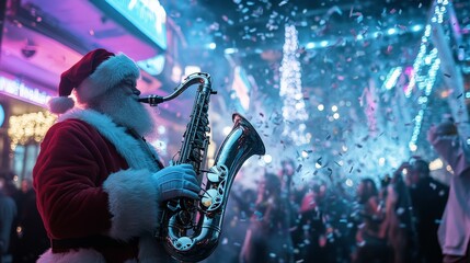 Fototapeta premium Amid falling snowflakes, a Santa Claus style saxophonist captivates an enthusiastic crowd on a vibrant city street under dazzling festive lights and decorations.