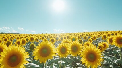Obraz premium Vibrant Field of Sunflowers Under a Clear Blue Sky with Bright Sunlight Illuminating the Landscape and Creating a Cheerful Ambience for Nature Lovers and Photography Enthusiasts
