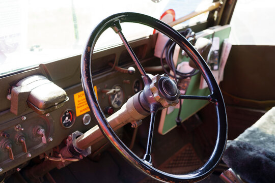 Iserlohn Gruermannscheide, NRW, Germany. 13th of July 2024.  Steering wheel and dashboard of an old military vintage car AUTO UNION-DKW MUNGA F91/4 900