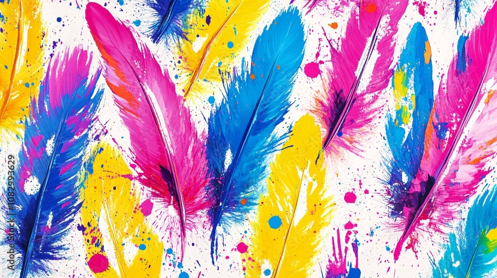 Aufkleber multicolored feather pattern with splashes of paint