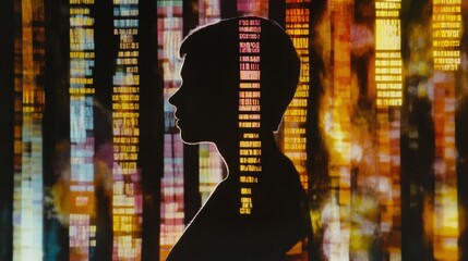 A human silhouette overlays rows of genetic code, illustrating the connection between genetics and human identity in modern science. Generative AI