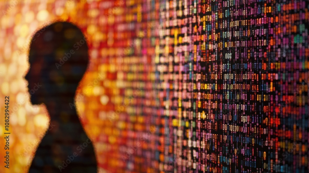 Poster A human silhouette stands against rows of colorful genetic code symbols, emphasizing the connection between humanity and genetics. Generative AI