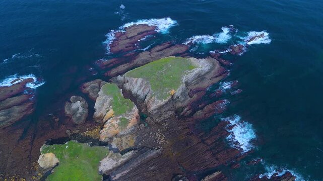 Aerial view from a drone of the coastal landscape and crops in the area around Cabo Cebes in Tapia de Casariego. Asturias. Spain. Europe