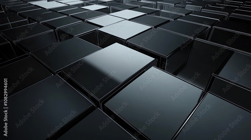 Aufkleber Abstract black glossy cubes in a modern grid pattern creating a visually striking 3D surface that conveys depth, elegance, and sophistication in design.