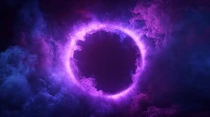 Obraz premium A glowing purple ring surrounded by abstract smoke in a dark background.