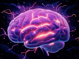 Fototapeta premium Illustration of a stylized brain with hot white electrical impulses and glows in purples and pinks