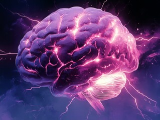 Illustration of a stylized brain with hot white electrical impulses and glows in purples and pinks