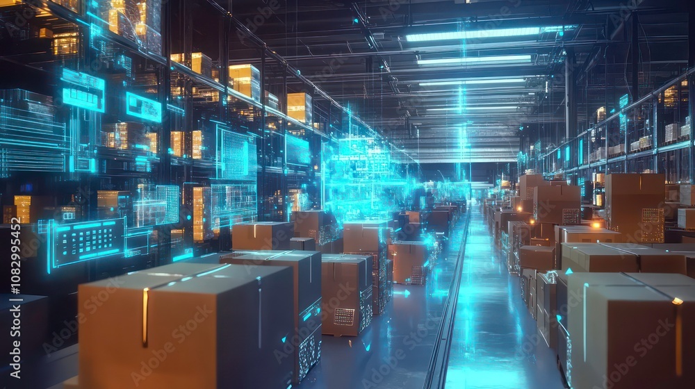 Aufkleber Smart warehouse management system using augmented reality technology to identify package picking and delivery . Future concept of supply chain and logistic business